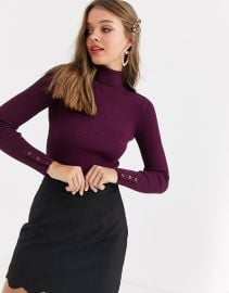 Lipsy high neck button sleeve sweater in burgundy   ASOS at Asos